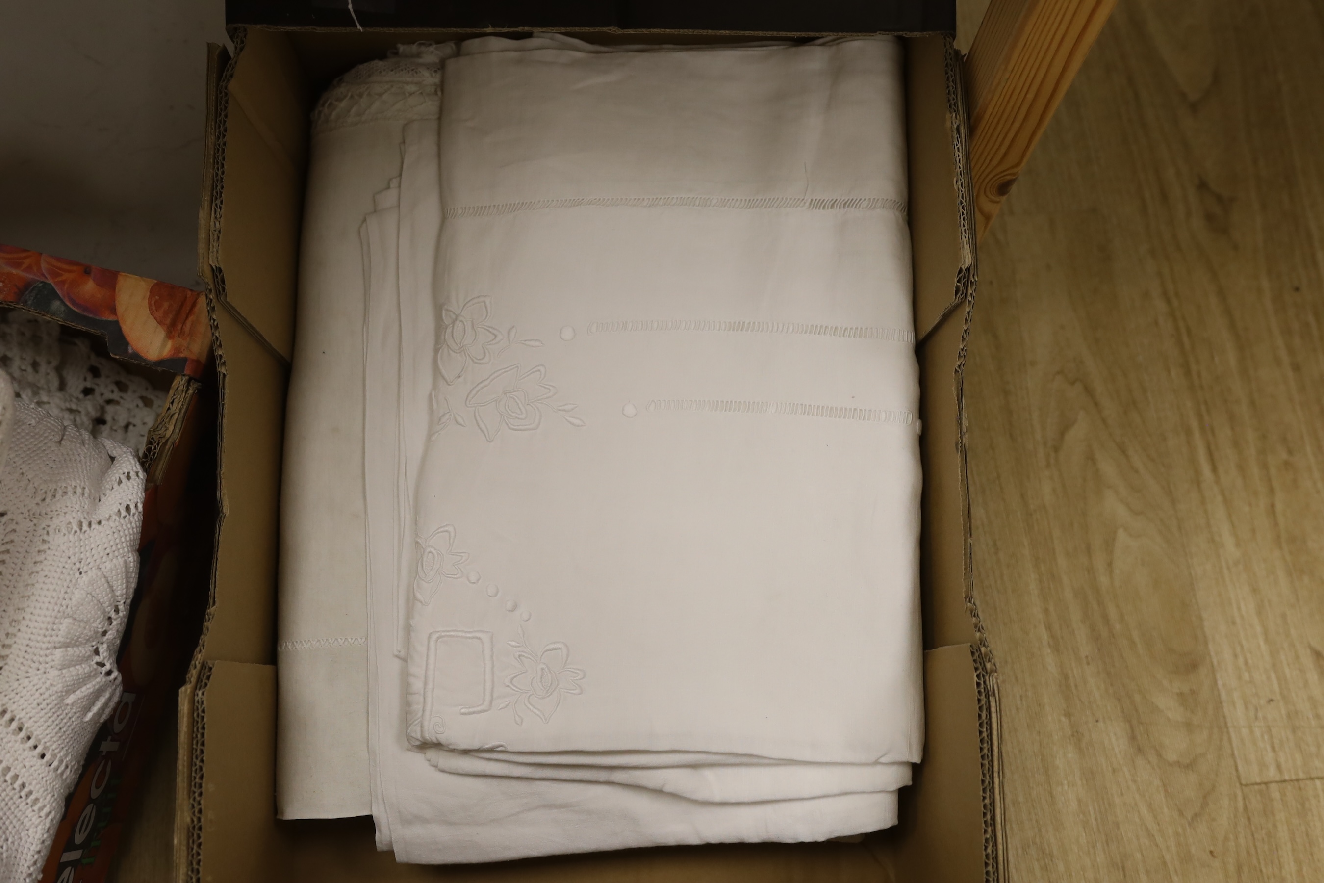 A French provincial crochet edged and monogrammed sheet, a lace inserted and monogrammed sheet, two embroidered and monogrammed sheets (4). Condition - good, all laundered, may need re-laundering
